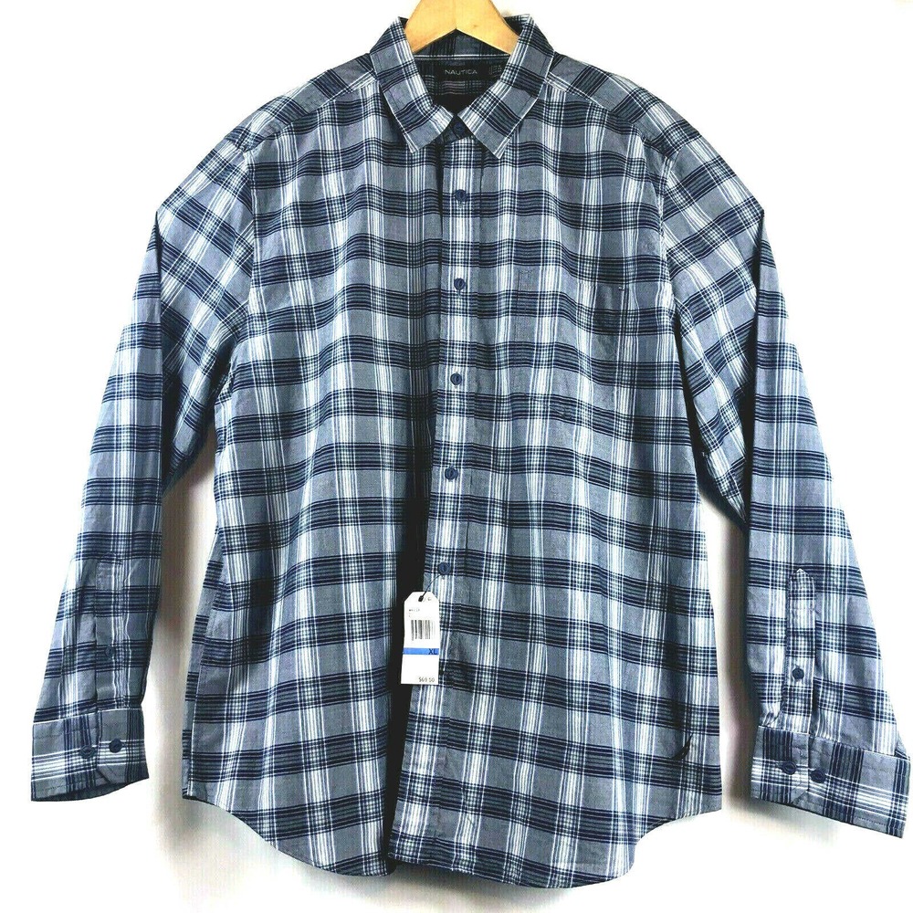 Nautica Mens Long Sleeve Classic Fit Navy Blue Plaid Shirt Sz Medium NEW $69.50